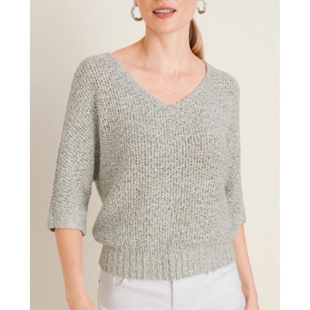 Chico's Tape Yarn V Neck Pullover Gray & Cream Sweater Top Size 2 US 12 Women's